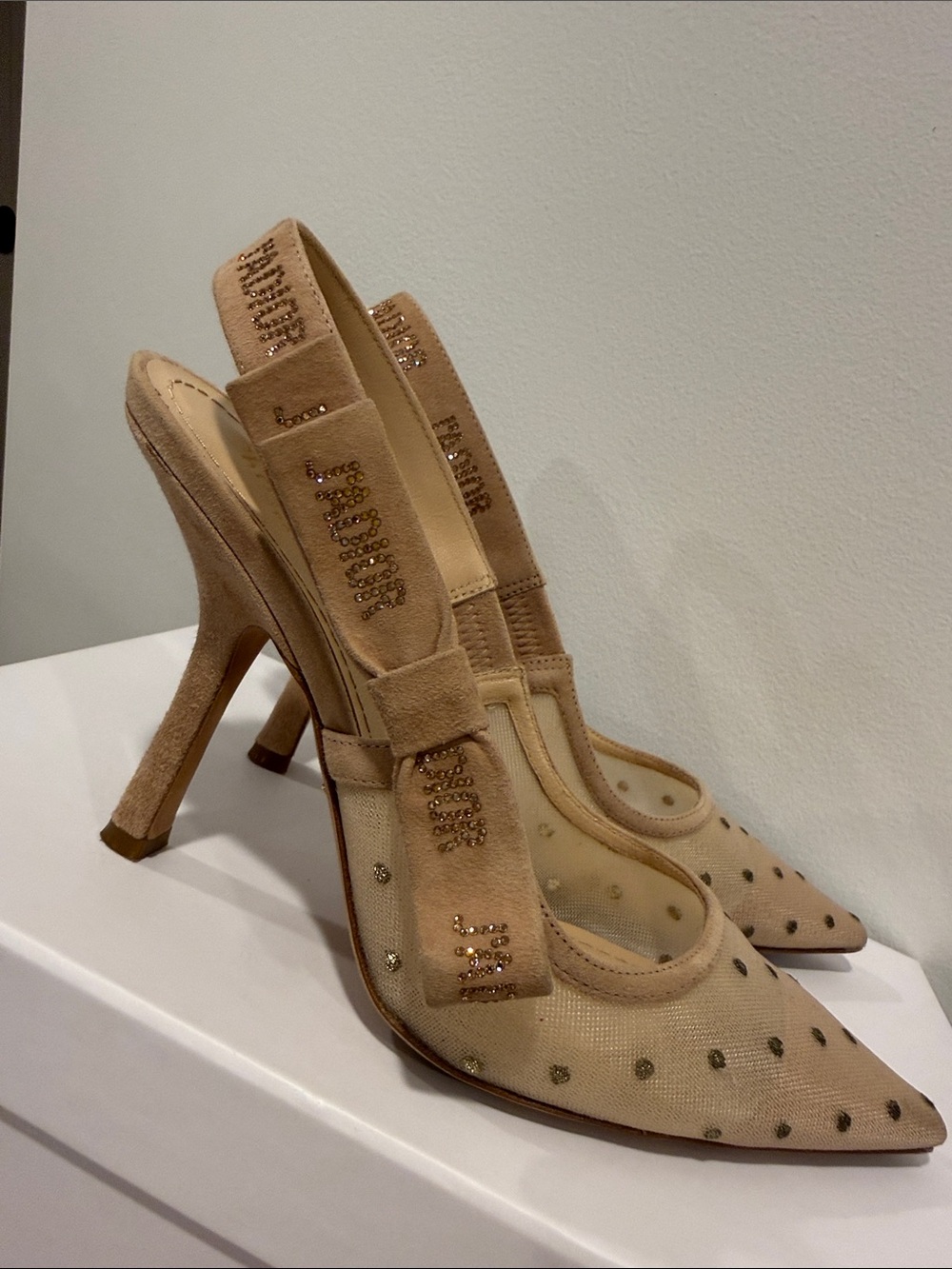 Dior J’Adior Nude Mesh Polka Dot Slingbacks Crystal EU 37 Worn Once